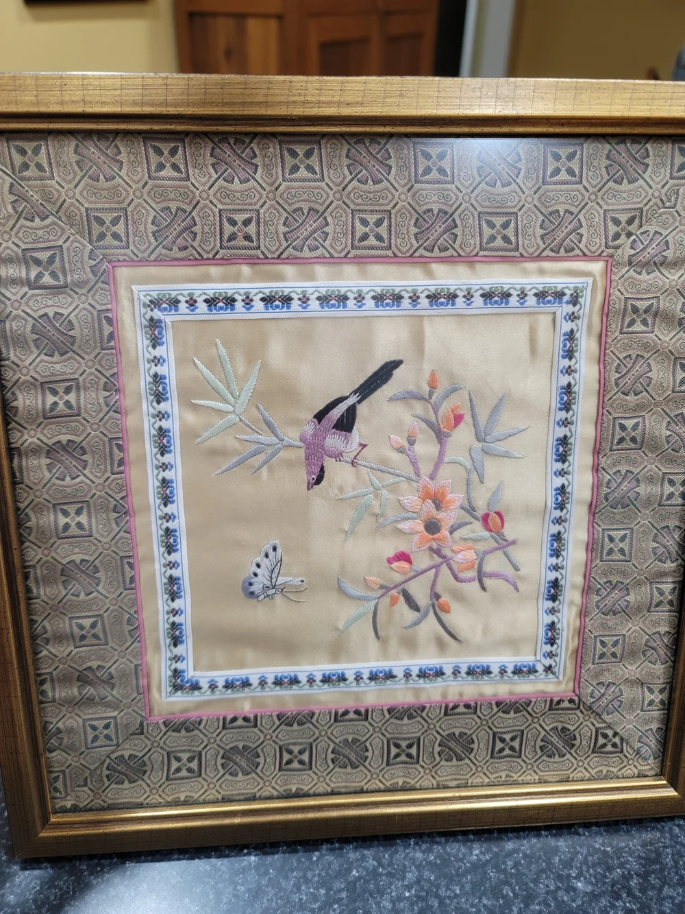 Vintage framed Asian silk embroidery panel Bird Floral Set Of 2